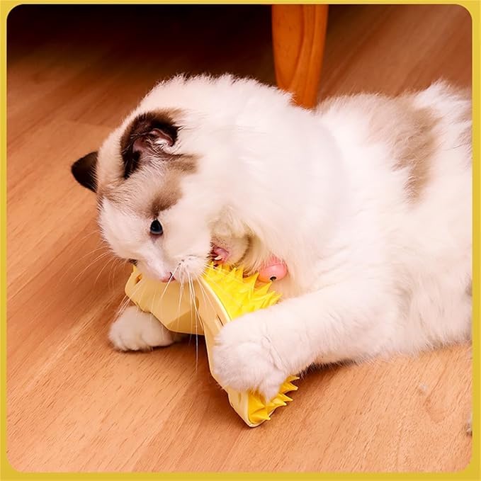 Bionic design cat grooming brush with soft-tipped needles for gentle pet hair removal.