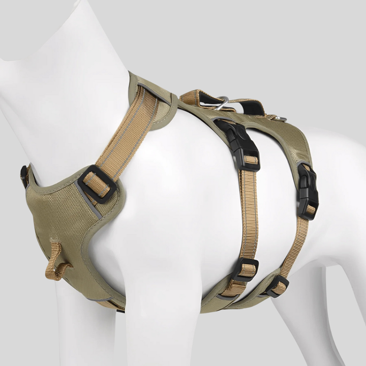 Durable pet harness for dogs, featuring adjustable straps and reflective elements for outdoor safety.