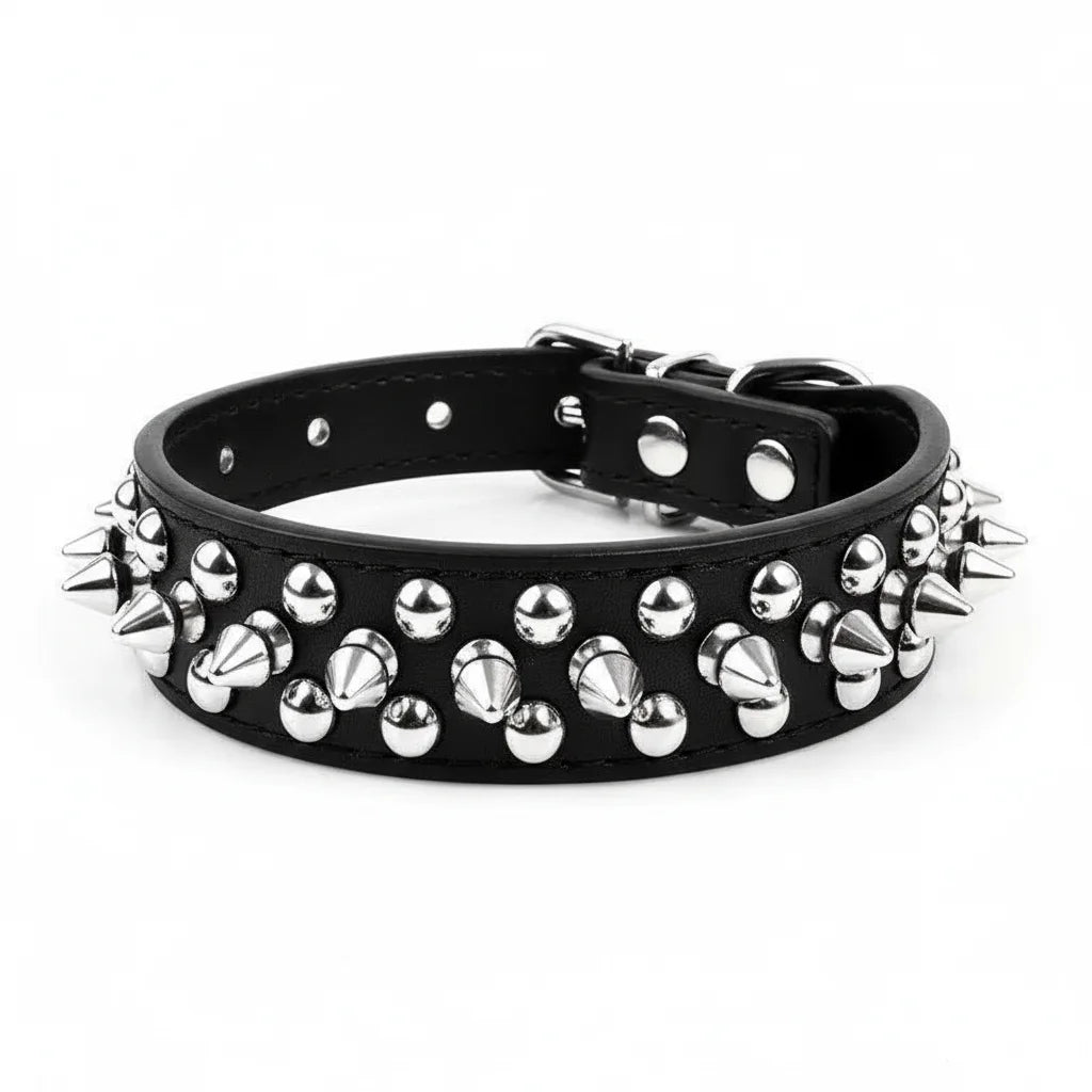 Unisex spiked dog collar made from durable faux leather, paired with a sturdy leash for pet walking.