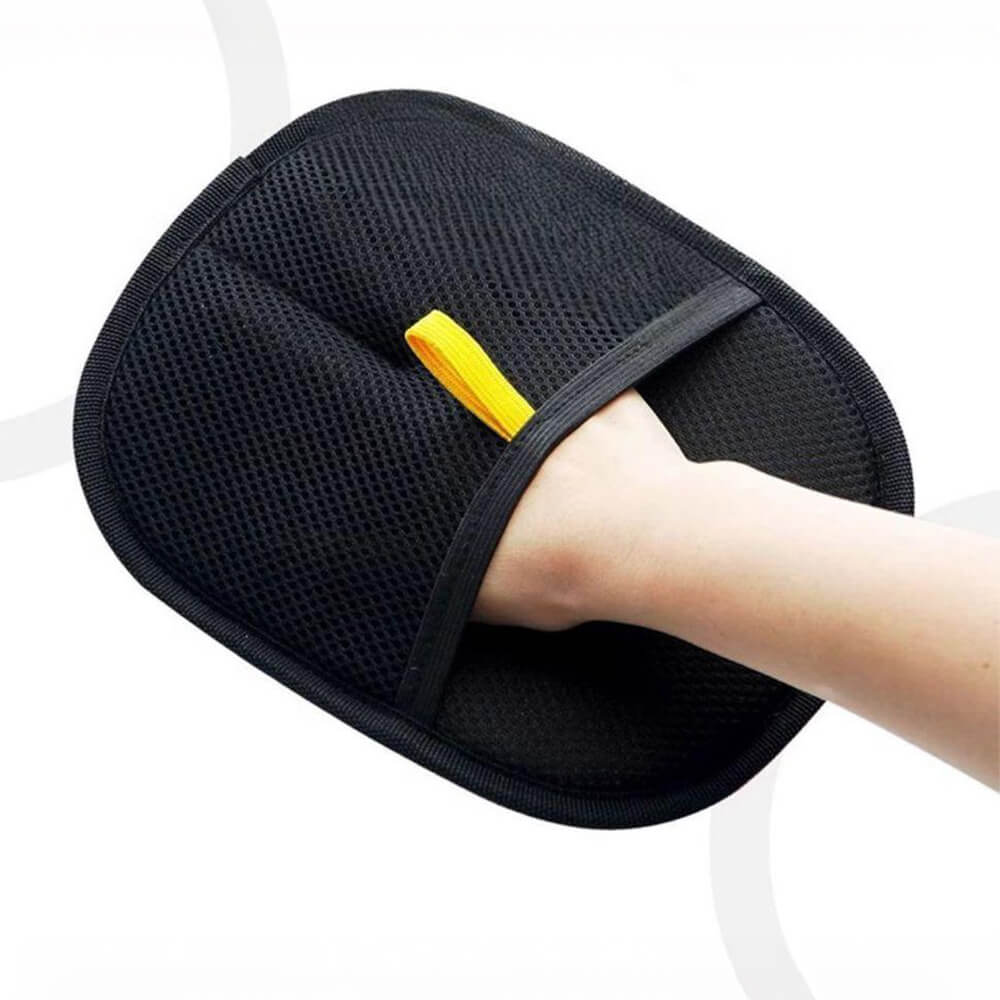 Efficient pet cleaning glove, black with red bristles, designed for fur removal