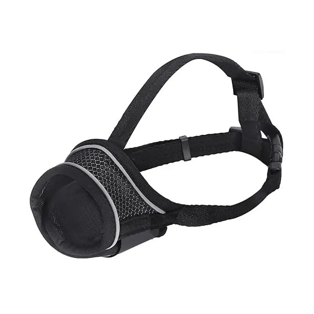 Lightweight soft nylon dog muzzle with reflective stitching, ensuring enhanced safety for pets