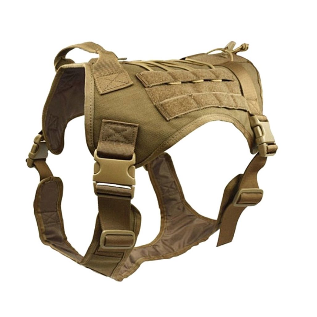 Side view of black tactical pet harness, highlighting breathable mesh and strong buckles