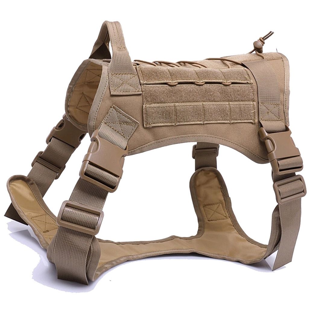Heavy-duty tactical dog harness, side view, showing MOLLE webbing for accessories