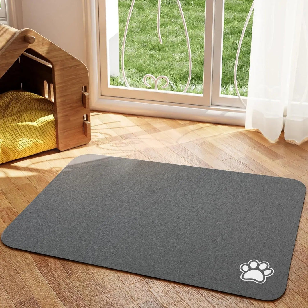Product shot of a durable, easy-to-clean, absorbent non-slip pet mat for petcare and feeding