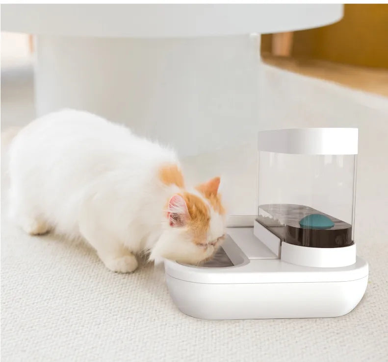 Blue and white automatic pet food & water dispenser for cats and dogs, ensuring convenient pet care.