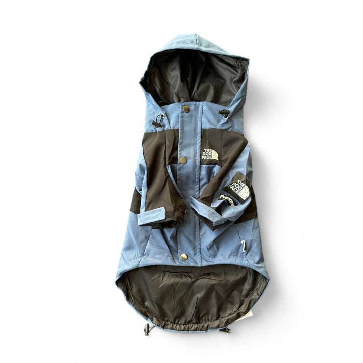 Blue waterproof dog jacket with hood, adjustable, for winter outdoor pet wear, close-up.