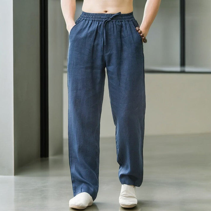 Blue men's relaxed fit lounge pants, lightweight summer comfort for men's casual style.