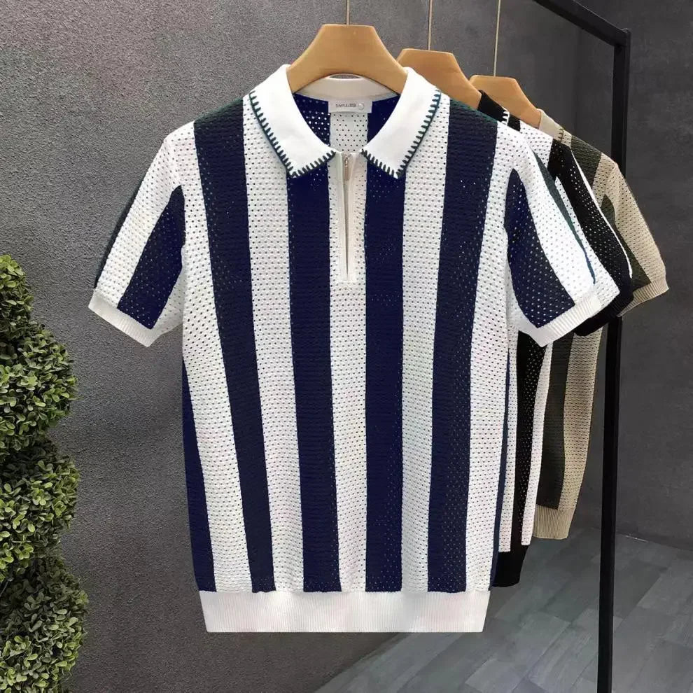 Smart casual men's striped zip polo shirt, short sleeve, ideal for summer style and everyday comfort.