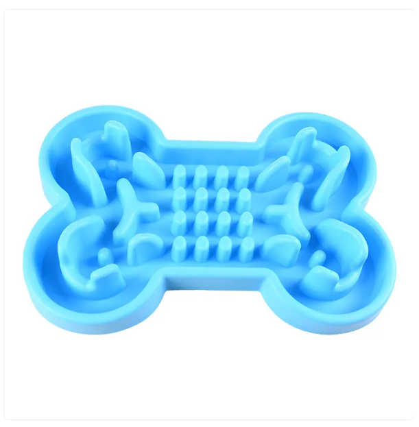 White slow feeder dog bowl, bone design, designed to prevent choking and aid digestion