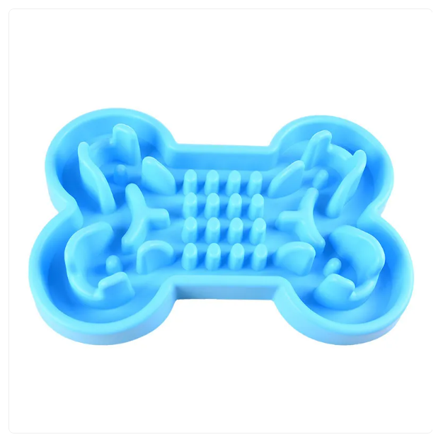 Top-down view of an anti-gulp pet dish, bone pattern, for slow feeding dogs
