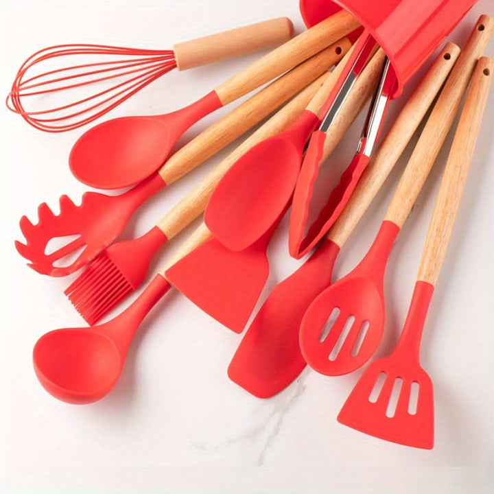 Essential 12-piece silicone cooking implements, heat resistant, dishwasher safe, protecting your cookware.