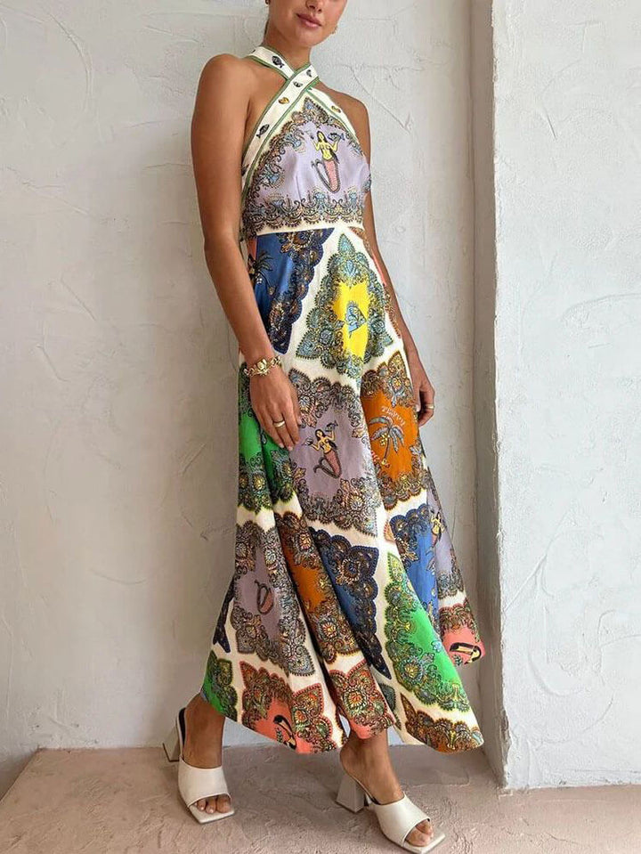 Chic sleeveless women's floral maxi dress, long and elegant multi-color design, ideal tailored summer dress.