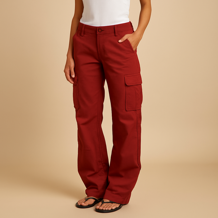 Stylish womenswear cargo pants with a comfortable straight leg fit, featuring practical multi-pockets for utility.