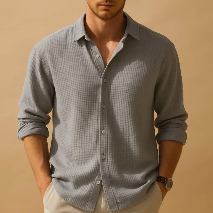 Soft men's long sleeve casual shirt, a comfortable everyday wear staple with a fashionable stand collar design.