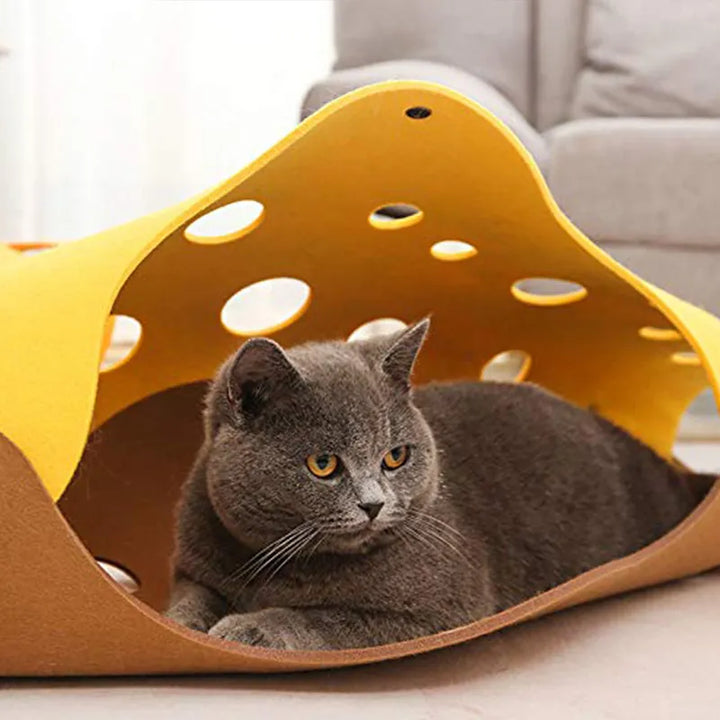 Calico cat peeking from one of the holes in a flexible 3-way interactive cat tunnel toy, pet accessory.