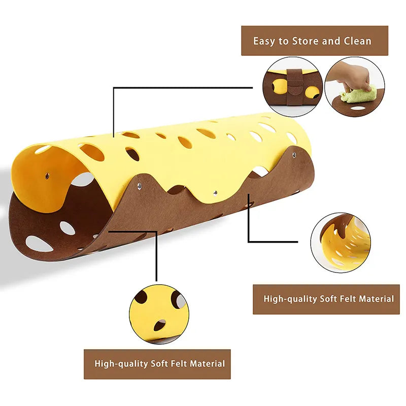 Interactive cat play tunnel made of durable gray felt, featuring multiple openings for peek-a-boo play.