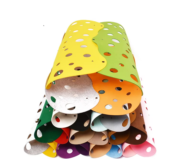 Two cats playing in and around a flexible felt cat tunnel with various peek holes, stimulating pet toy.