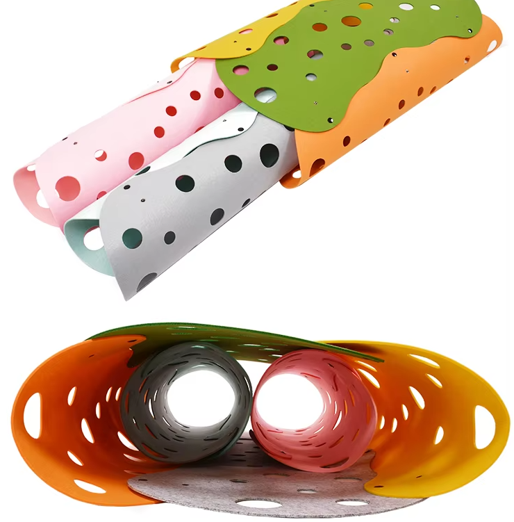 Foldable gray felt cat tunnel with three entrances and peek holes, ideal for interactive cat enrichment.