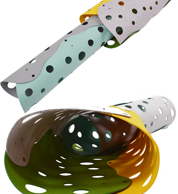 Flexible cat play tunnel unrolled, showing peek holes and soft felt material, a fun pet accessory.