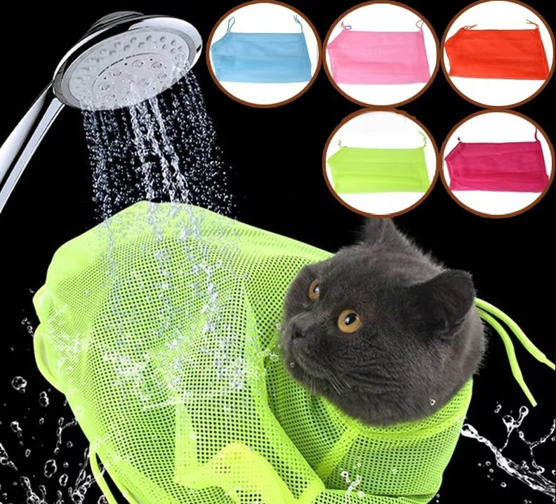 Secure cat care grooming bag, mesh construction for easy bathing and nail clipping, animal welfare