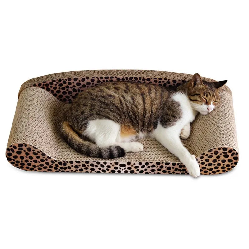 Cat enjoying its new leopard design scratching mat, doubling as a soft pet bed and furniture protector.