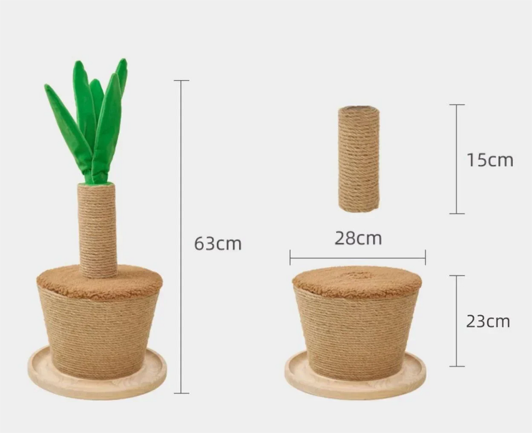 Cat plant scratching post with green sisal leaves, a modern pet accessory for indoor cats.