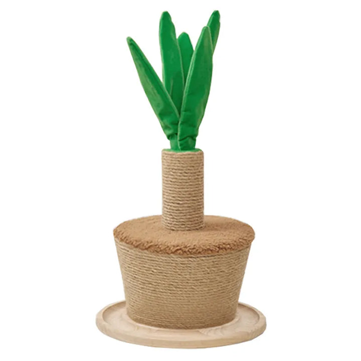Green sisal cat scratching post shaped like a plant, ideal for play and claw care for cats.