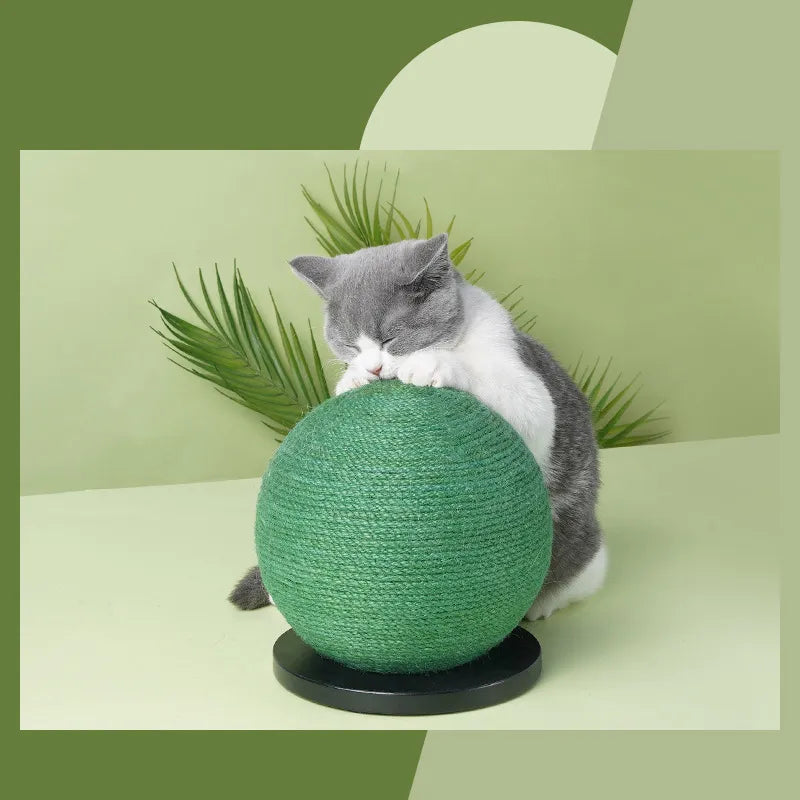 Cat playing with a durable sisal scratching ball, promoting healthy claw care and entertainment.