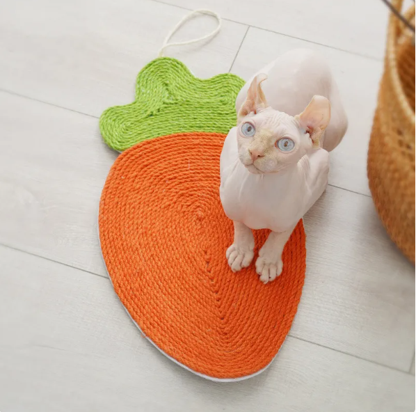 Cat scratching mat with vibrant fruit design for healthy feline claws & play