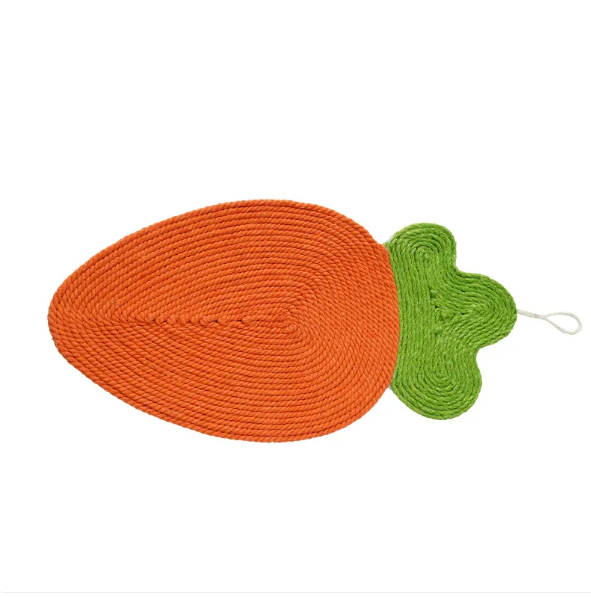 Close-up of cat scratching mat with detailed fruit design, a durable pet accessory