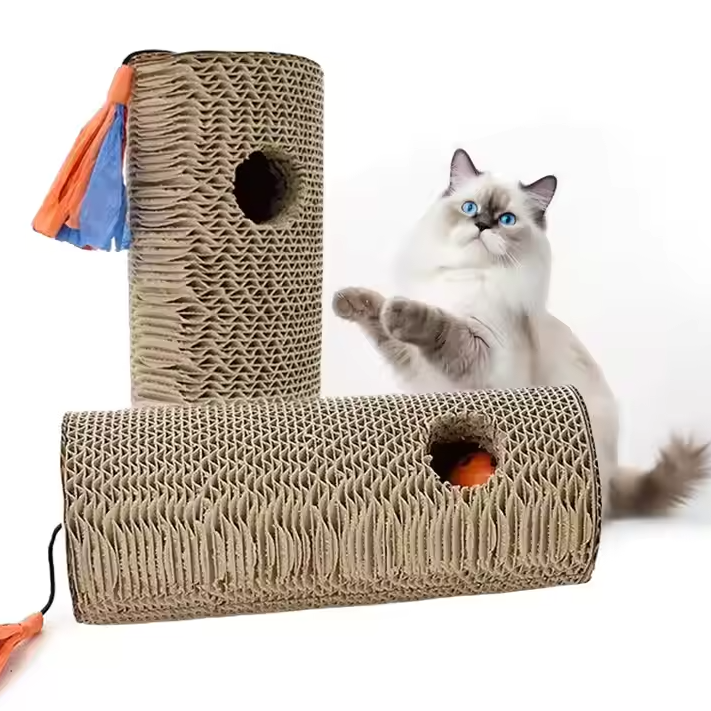 Cat scratching post made from corrugated cardboard with colorful fringes, enriching feline play