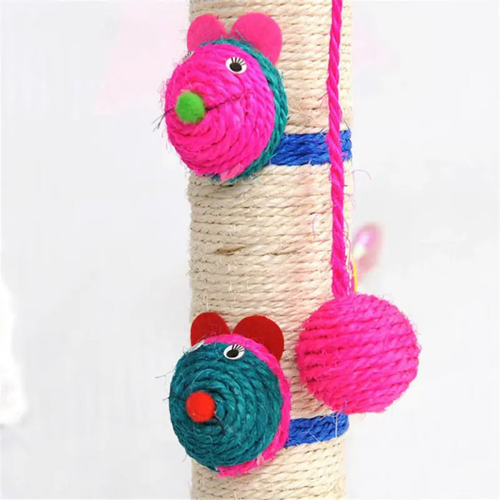 Cat scratching post and play center with two hanging toys, promoting healthy scratching habits & fun.