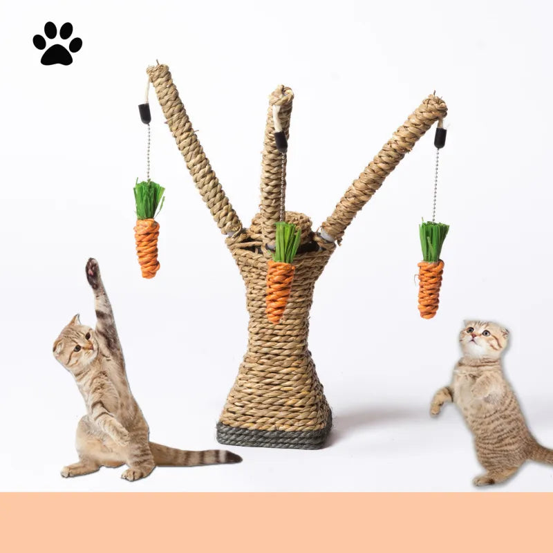 Cat tree scratching post with two carrot toys & sisal rope, ideal for claw care & entertainment.