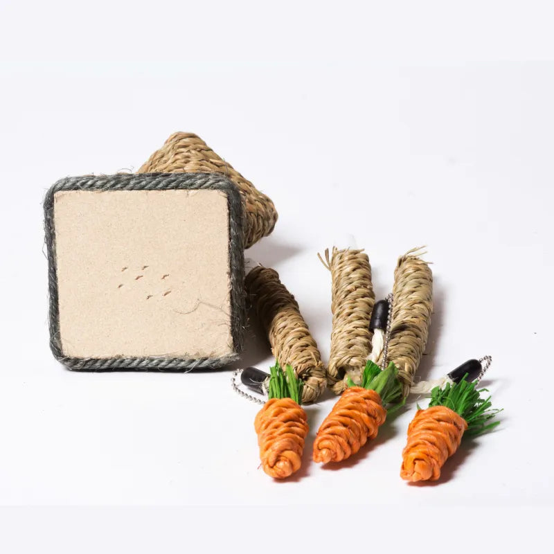Natural design cat tree scratching post featuring adorable carrot toys for playful felines.