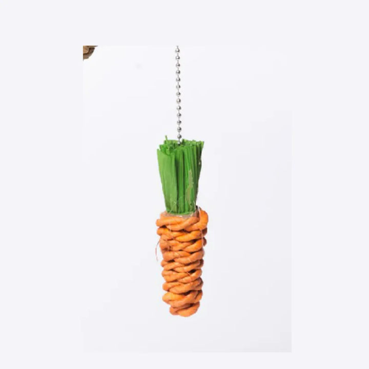 Interactive cat scratching post with sisal rope & vibrant carrot-shaped toys, pet furniture.