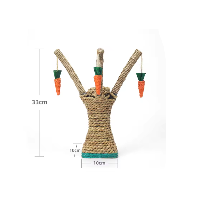 Full view of a modern cat tree scratching post with multiple levels and fun carrot toys.