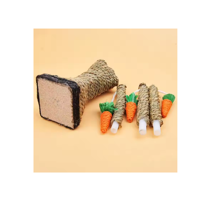 Engaging cat tree scratching post, pet furniture with natural design and interactive carrot toys.