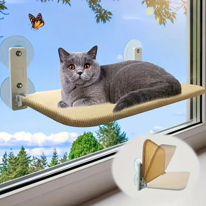 Cat window hammock with strong suction cups, providing a cozy and elevated cat bed for sunbathing.