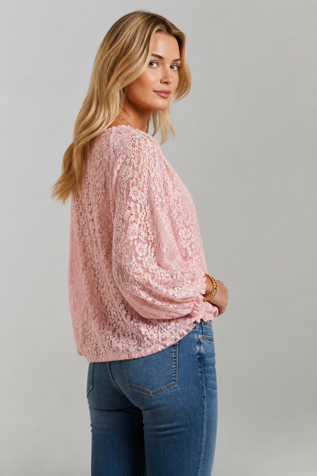 Flowy women's lace top, soft fabric, elegant tied neckline & long sleeves. Feminine casual chic blouse.
