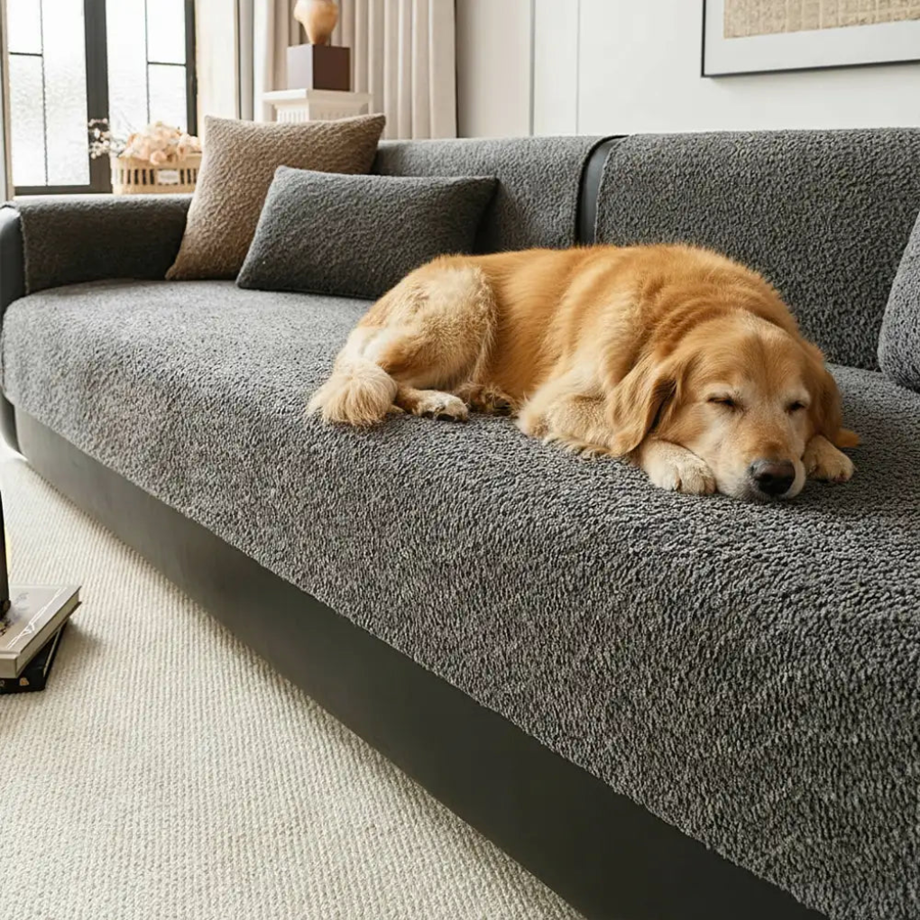 Chenille sofa couch cover in tan, draped over a sectional for all-season furniture protection