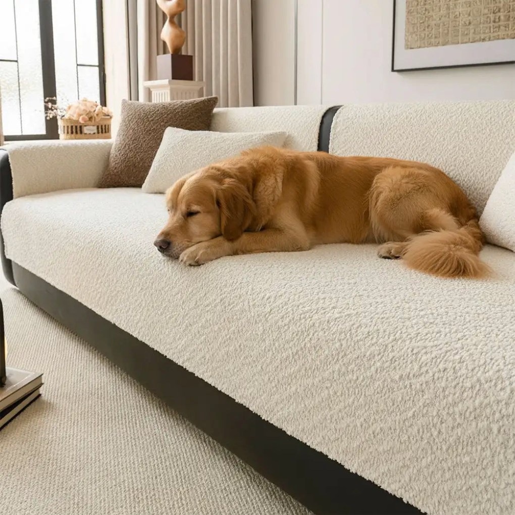 Durable chenille furniture protector in a living room setting, ideal for pet-friendly couches
