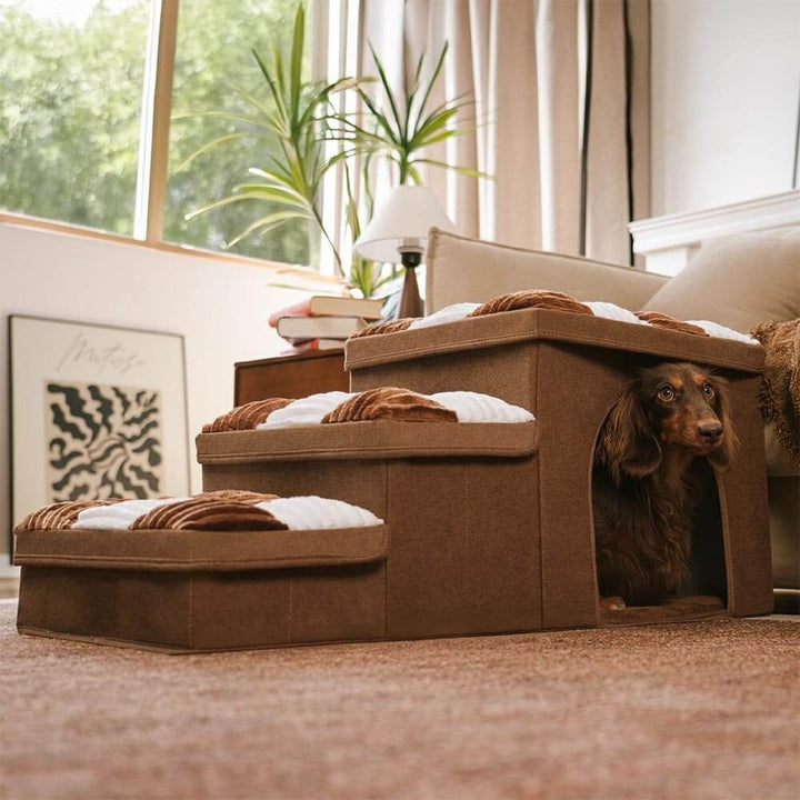 Senior pet accessory: chessboard pattern pet steps with hidden storage & comfy condo