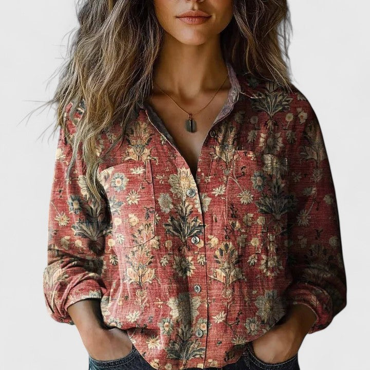 Chic red women's floral blouse, long sleeve with lapel collar. Versatile elegant top for casual wear or office style.