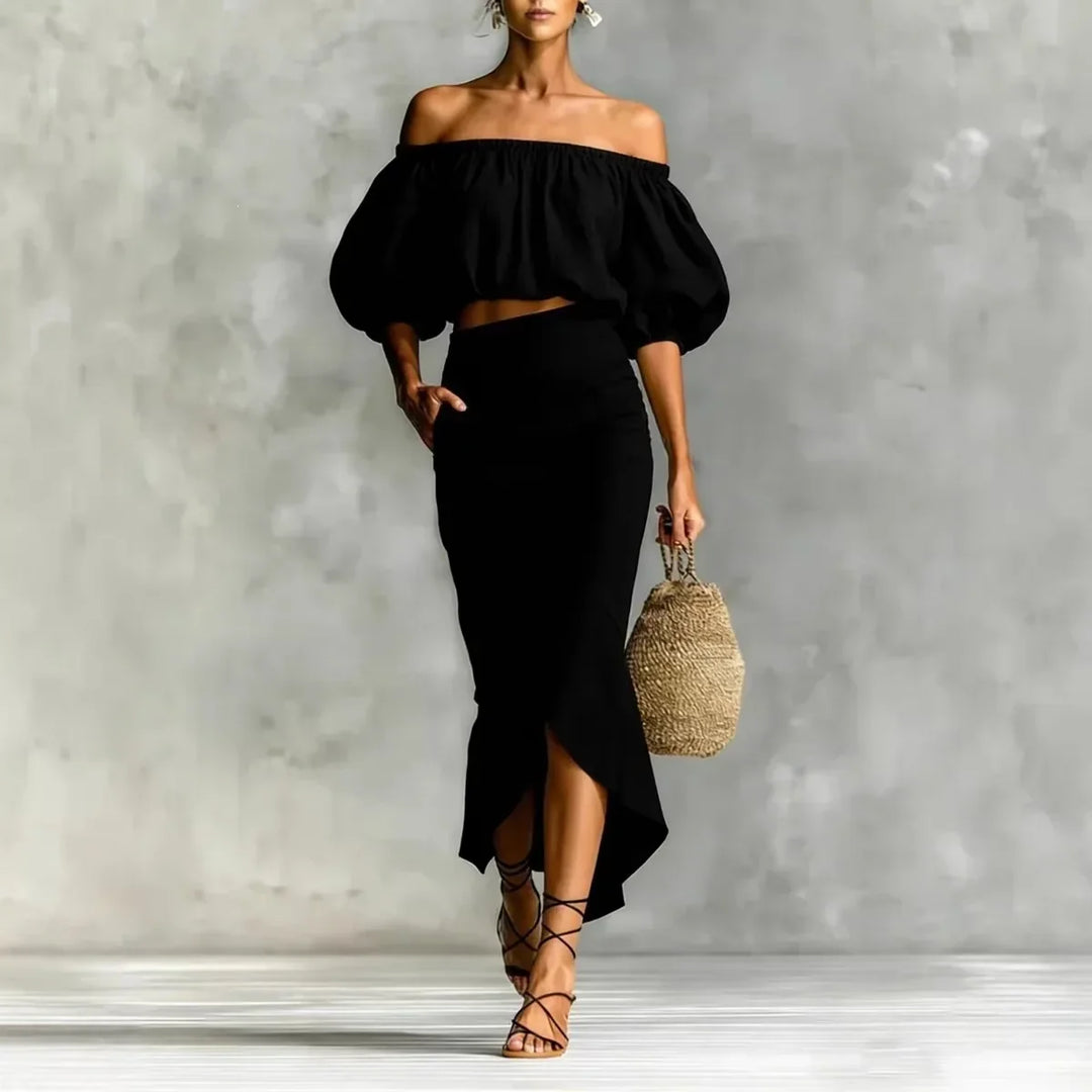 Women's chic off-shoulder puff sleeve top & matching wrap midi skirt set, a fashionable two-piece summer outfit.