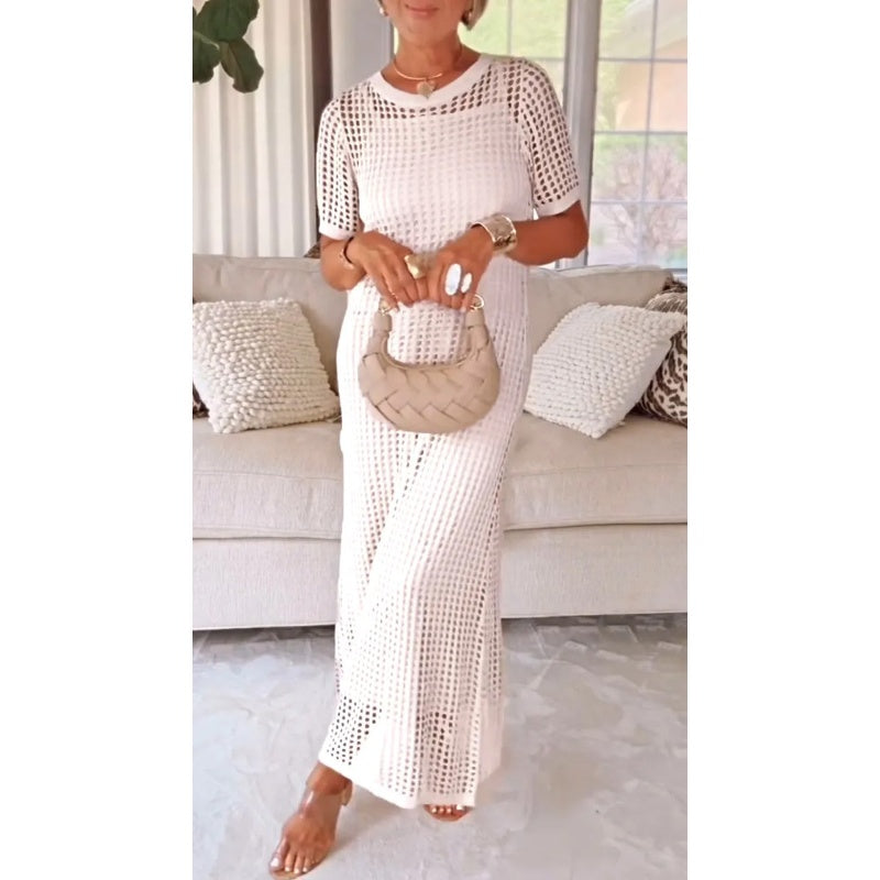Textured open knit mesh maxi dress for women, a comfortable short sleeve design for summer vacations.