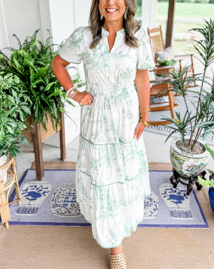 Elegant women's toile print tiered maxi dress, a chic choice for garden parties, brunches, or wedding guests.
