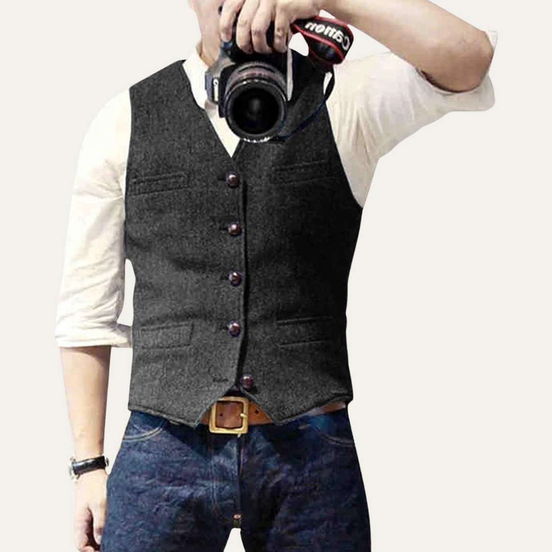 Button-up men's waistcoat, creating a sharp & sophisticated smart casual outfit.