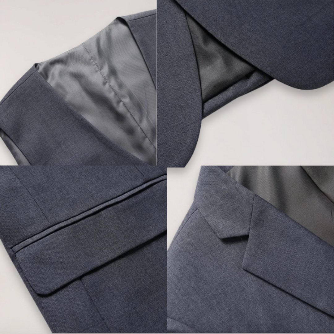 Complete men's formal three-piece suit. Tailored wedding suit set for elegant event wear.