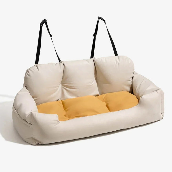 Soft cotton pet car bed, a washable dog seat with supportive bolsters for ultimate travel comfort for pets.