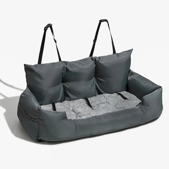 Pet car seat dog bed side view, highlighting the bolster design and durable fabric for dog travel.